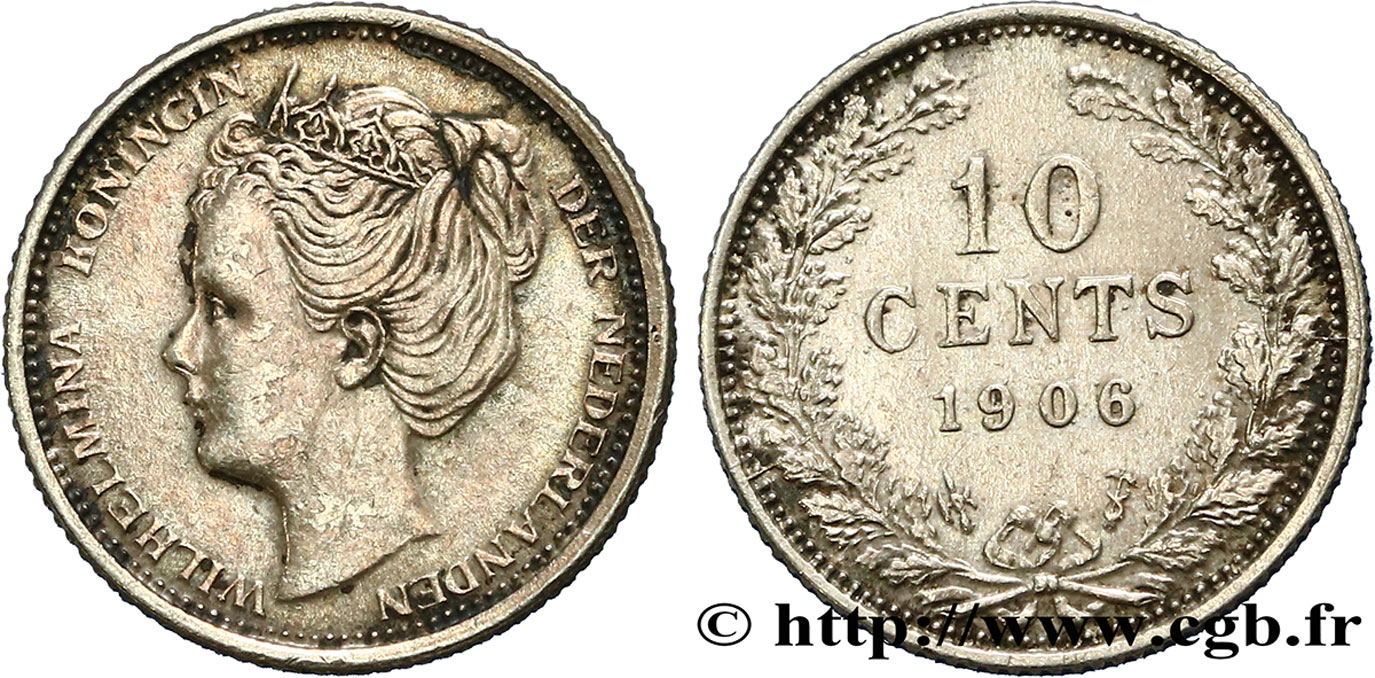 NETHERLANDS 10 Cents Reine Wilhelmine 1906 Utrecht XF 