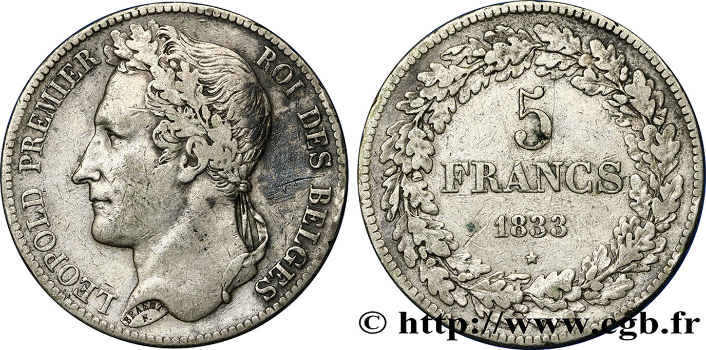 BELGIQUE 5 Francs Léopold Ier 1833  TB+ 
