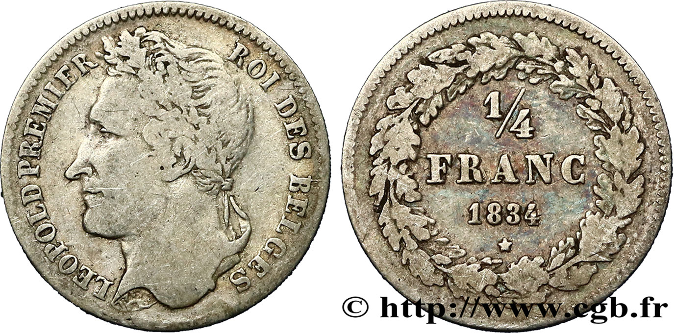BÉLGICA 1/4 Franc Léopold Ier tête laurée 1834 Bruxelles BC 