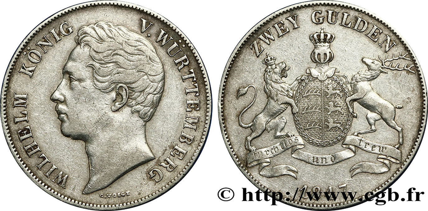 GERMANY - WÜRTTEMBERG 2 Gulden Guillaume Ier 1847 Stuttgart VF 