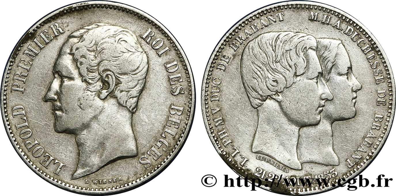 BÉLGICA 5 Francs mariage du Duc et de la Duchesse de Brabant 1853  BC+ 