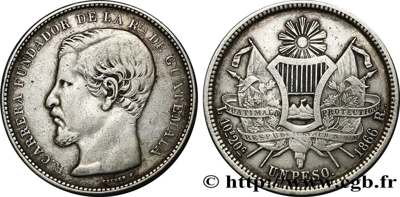 GUATEMALA 1 Peso Rafael Carrera 1866  VF 
