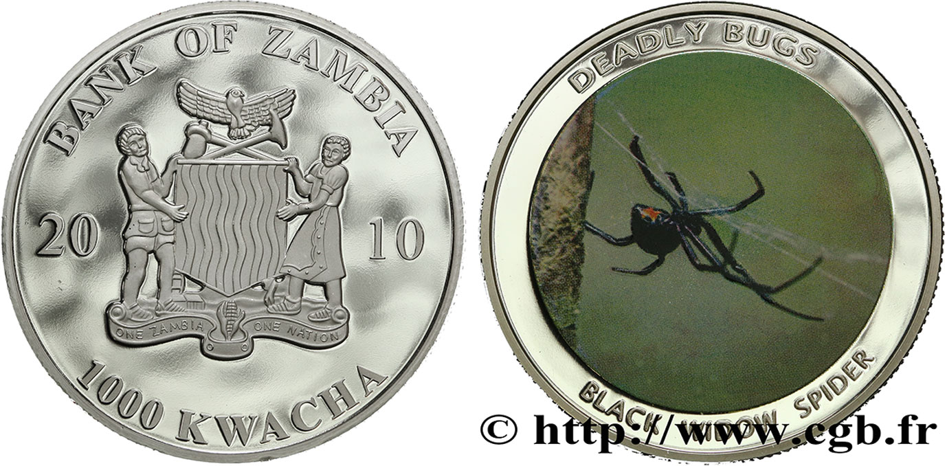 ZAMBIA 1000 Kwacha Proof série Insectes mortels : veuve noire 2010  MS 