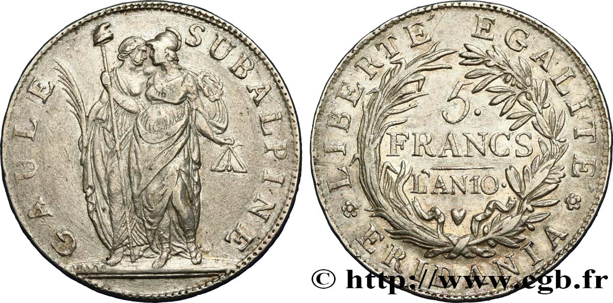 ITALIA - GALIA SUBALPINA 5 Francs an 10 1802 Turin q.SPL/BB 