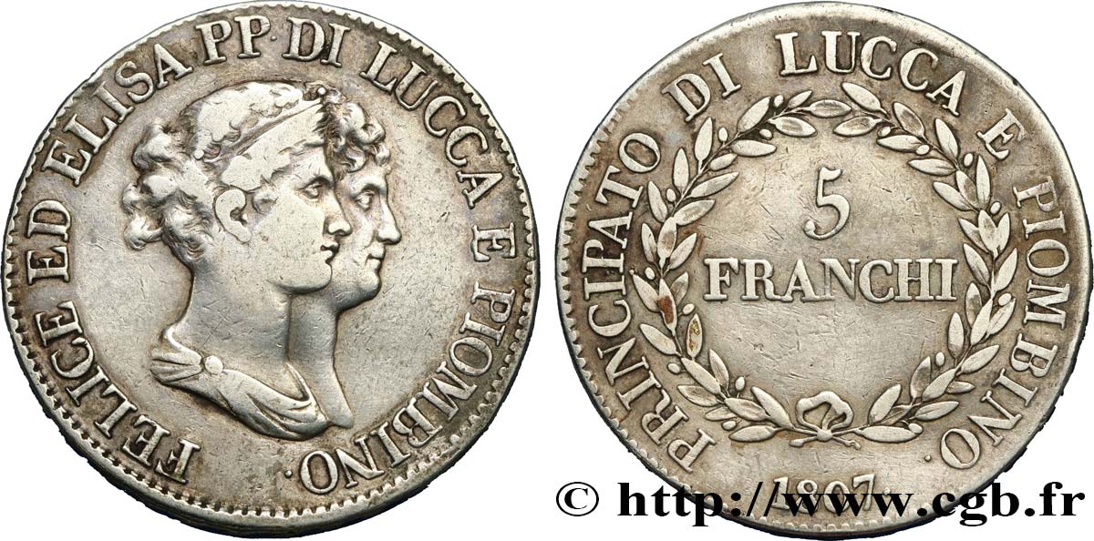 ITALIA - LUCCA E PIOMBINO 5 Franchi Elise et Félix Baciocchi 1807 Florence q.BB 