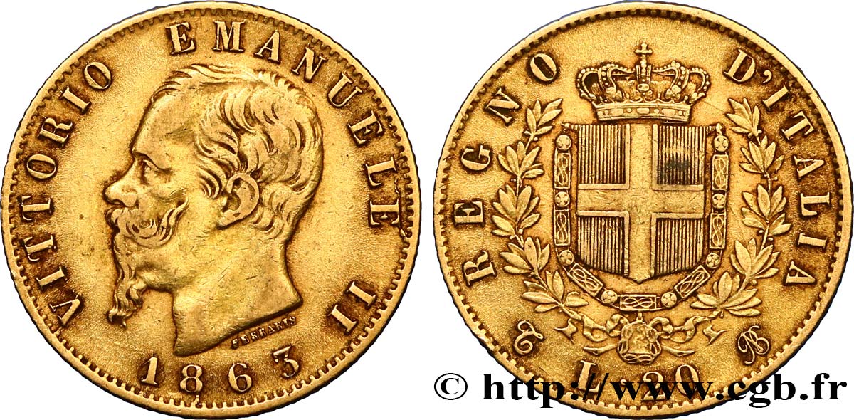 ITALIA 20 Lire Victor Emmanuel II 1863 Turin BC+ 