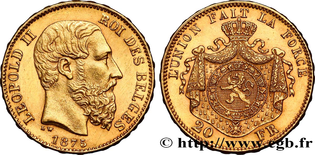 BELGIEN 20 Francs Léopold II 1875 Bruxelles VZ 