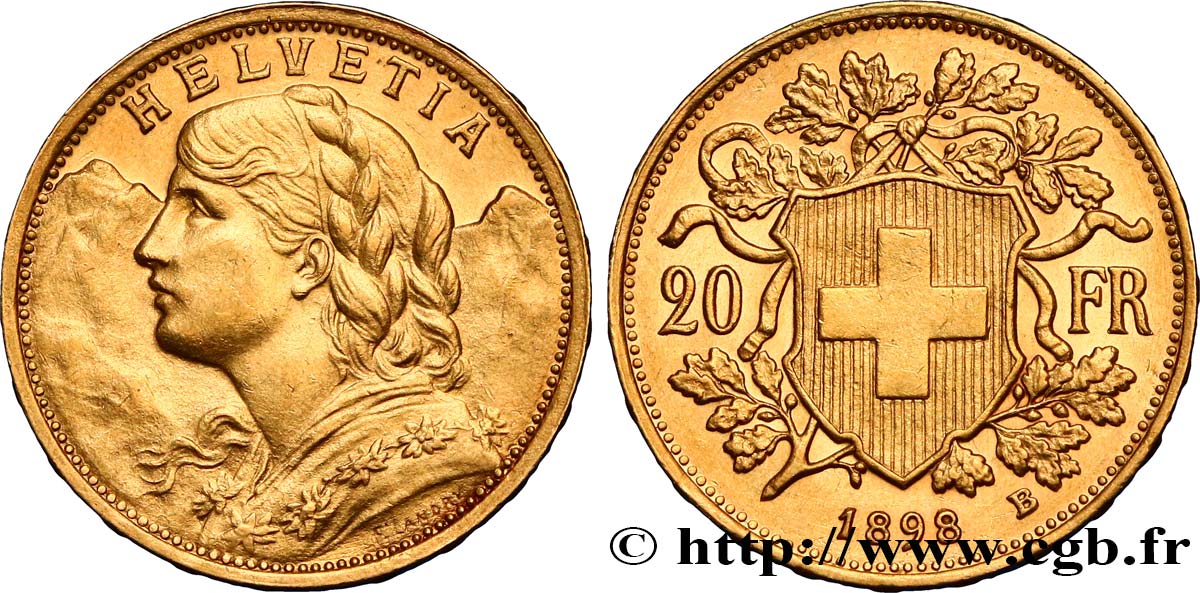 SWITZERLAND 20 Francs or buste diadémé d Helvetia 1898 Berne AU 