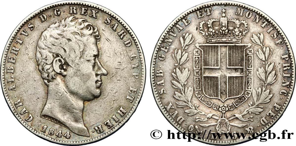 ITALY - KINGDOM OF SARDINIA 5 Lire Charles-Albert 1844 Gênes VF/XF 