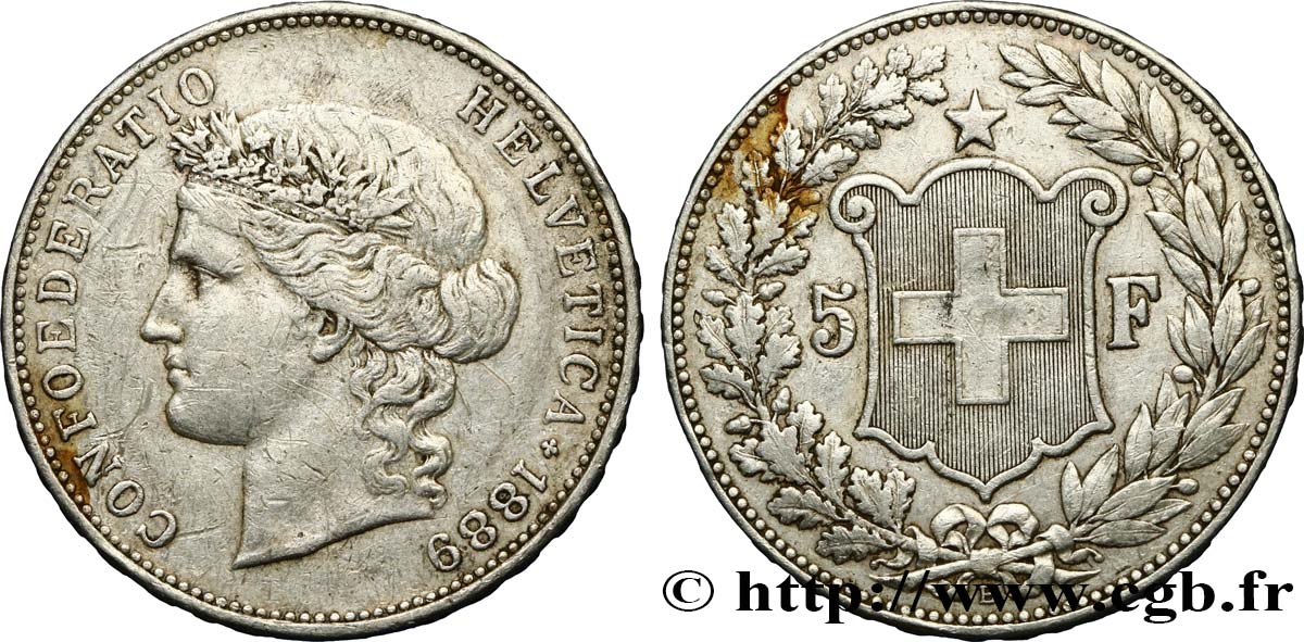 SUIZA 5 Francs Helvetia 1889 Berne BC+ 