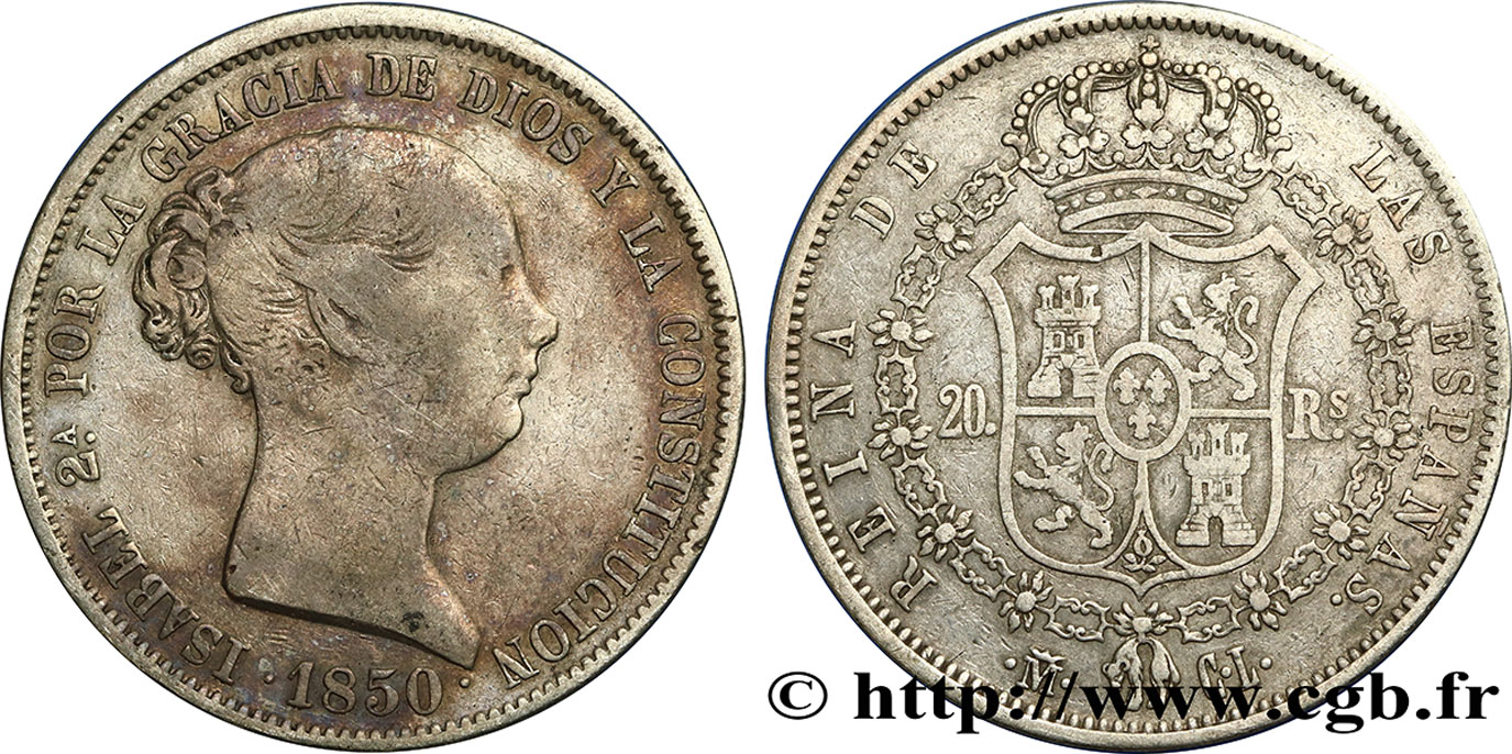 ESPAÑA 20 Reales Isabelle II  1850 Madrid BC+ 