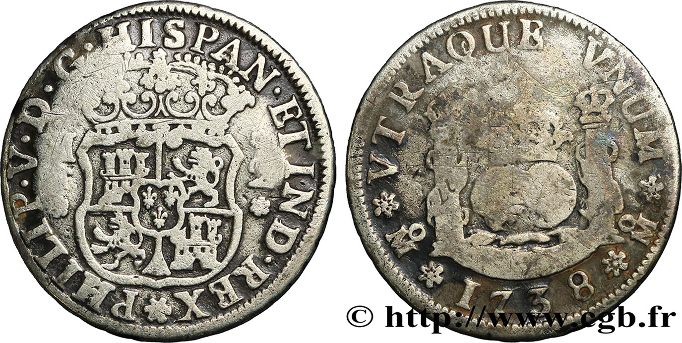 MEXICO 2 Reales Philippe V 1738 Mexico VF 