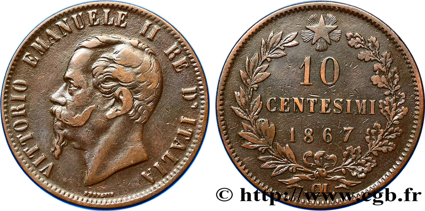 ITALIE 10 Centesimi Victor Emmanuel II 1867 Strasbourg TB+ 