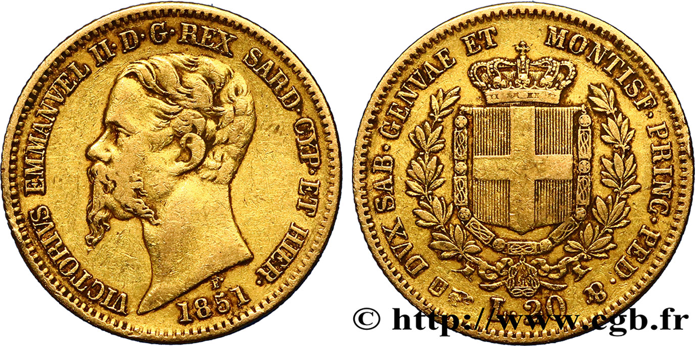 ITALY - KINGDOM OF SARDINIA 20 Lire Victor Emmanuel II 1851 Turin VF 