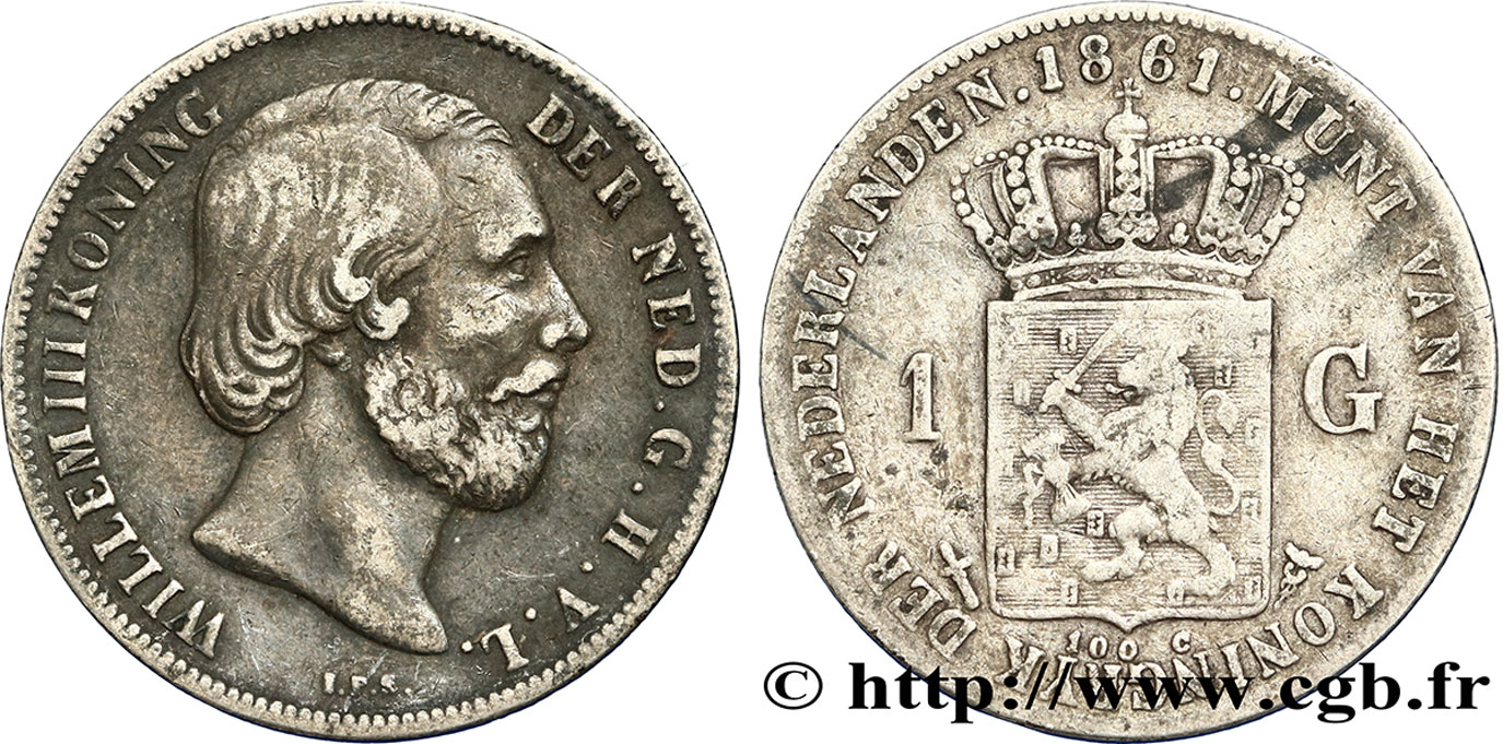 NETHERLANDS 1 Gulden Guillaume III 1861 Utrecht VF 