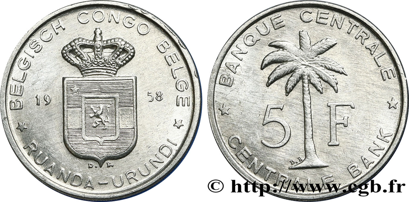 CONGO BELGE 5 Francs Banque Centrale Congo Belge-Ruanda-Urundi 1958  SUP 