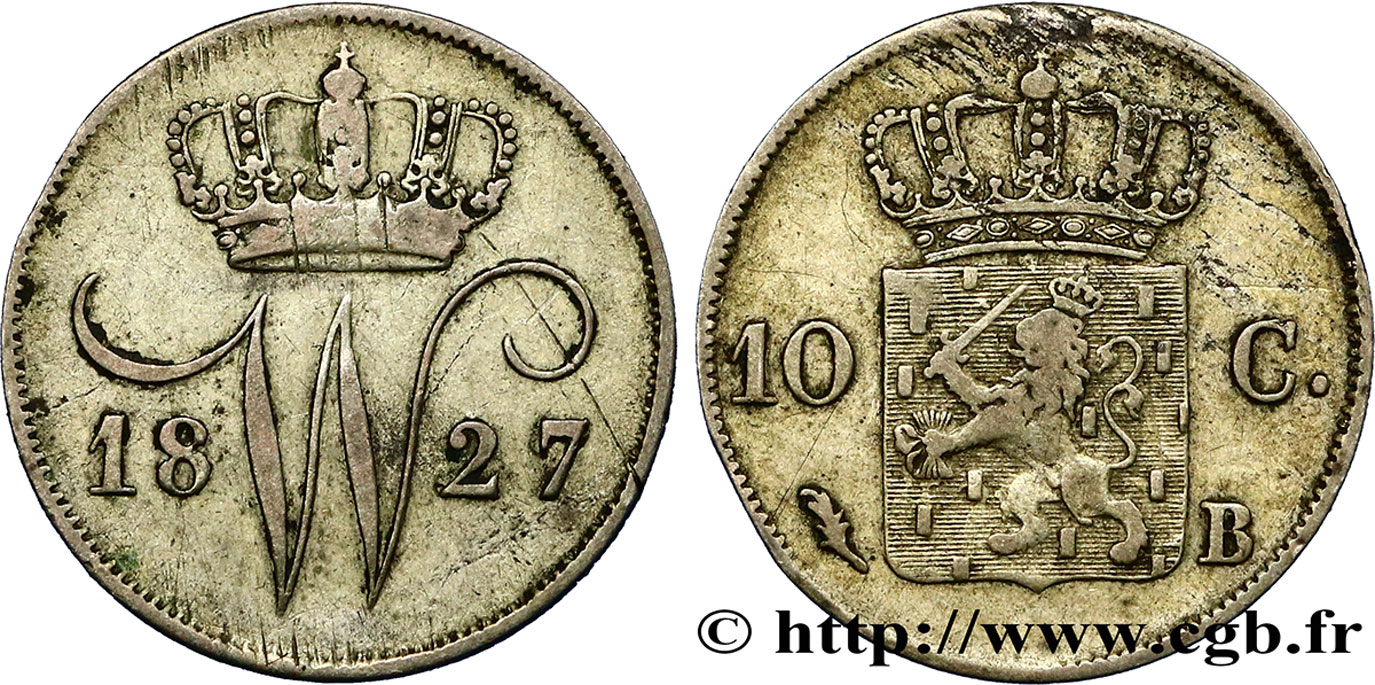 NETHERLANDS 10 Cents emblème monogramme de Guillaume Ier 1827 Bruxelles VF 