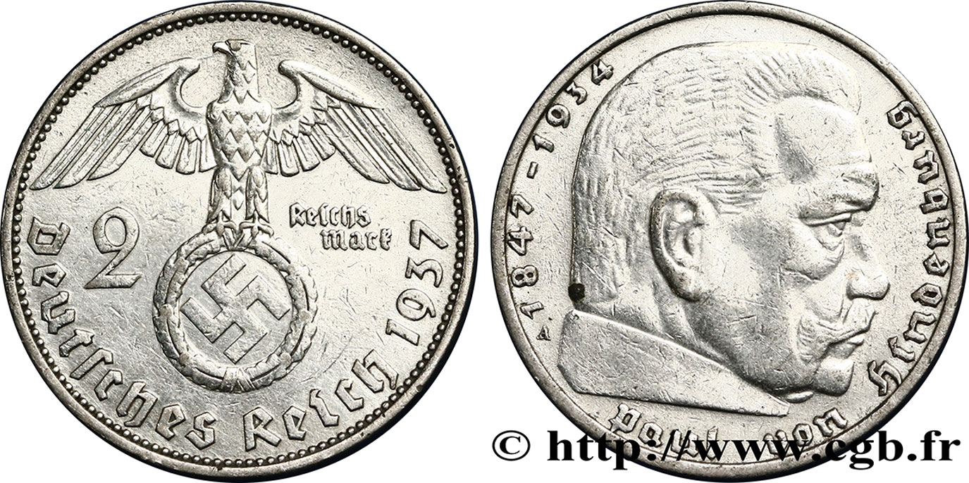 GERMANY 2 Reichsmark Maréchal Paul von Hindenburg 1937 Berlin XF 