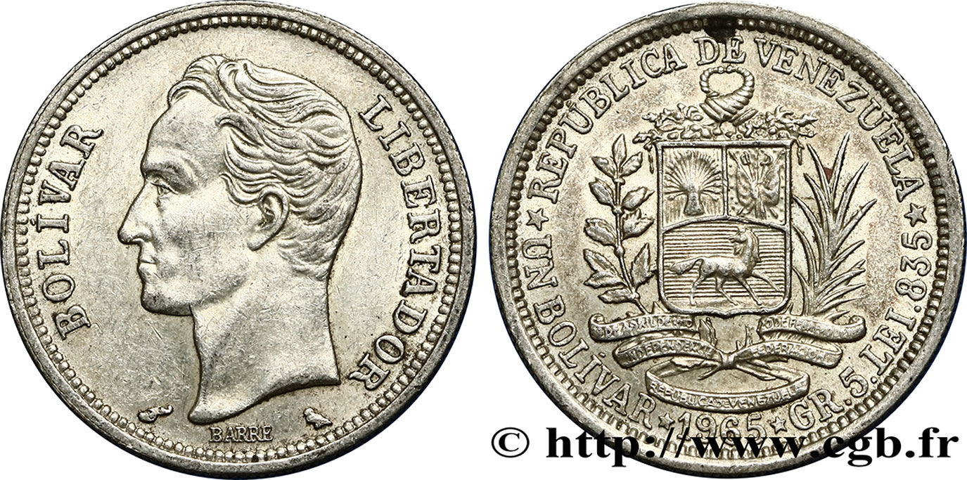 VENEZUELA 1 Bolivar 1965 Paris EBC 