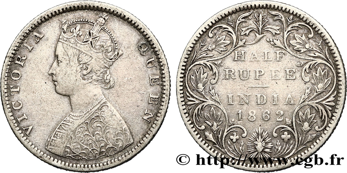 BRITISCH-INDIEN 1/2 Roupie Victoria 1862  fSS 