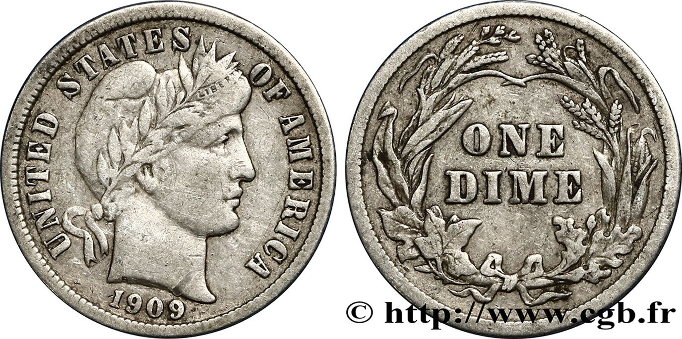 UNITED STATES OF AMERICA 1 Dime Barber 1909 Philadelphie XF 