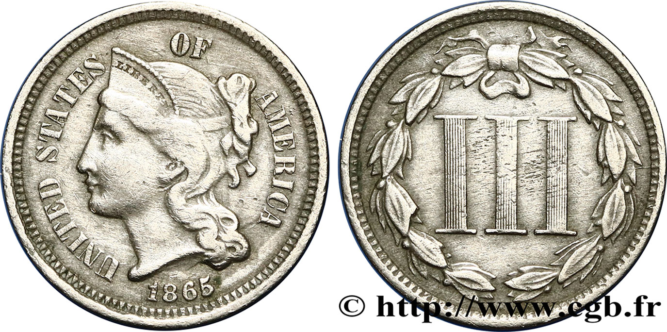 UNITED STATES OF AMERICA 3 Cents 1865 Philadelphie VF 