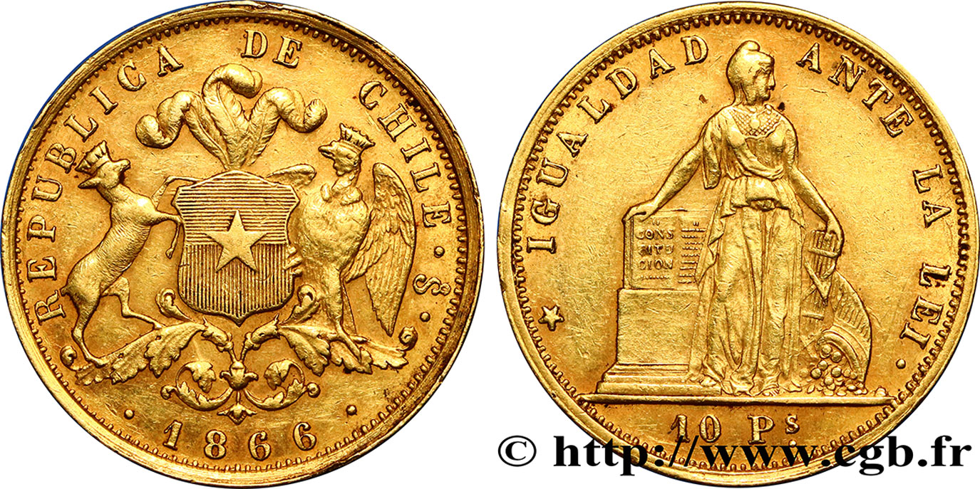 CHILE 10 Pesos 1866 Santiago AU/XF 