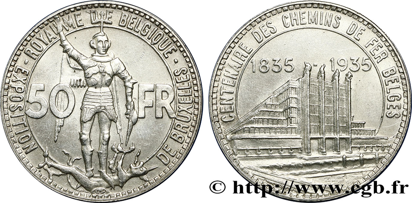 BÉLGICA 50 Francs Exposition de Bruxelles et centenaire des chemins de fer belges, légende française 1935  EBC 