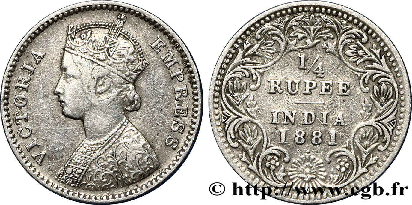 INDIA BRITANNICA 1/4 Rupee (Roupie) Victoria 1881 Calcutta q.BB 