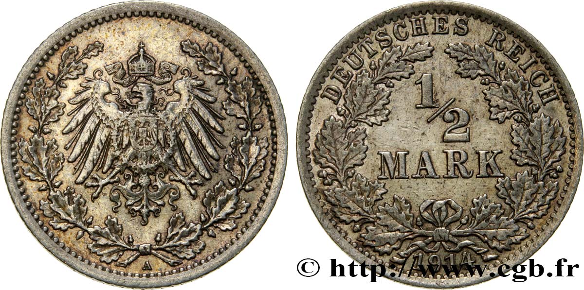 ALEMANIA 1/2 Mark Empire aigle impérial 1914 Berlin MBC+ 