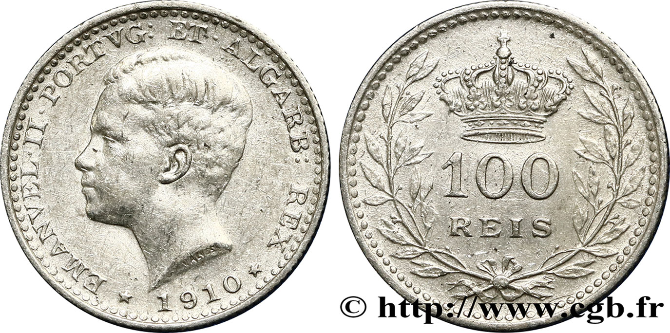 PORTUGAL 100 Reis Emmanuel II 1910  TTB+ 