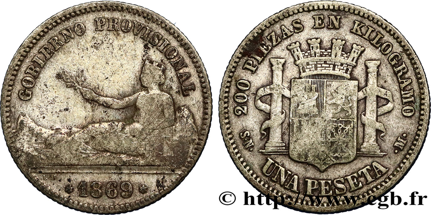 ESPAÑA 1 Peseta monnayage provisoire (1869) avec mention “Gobierno Provisional” 1869 Madrid BC 
