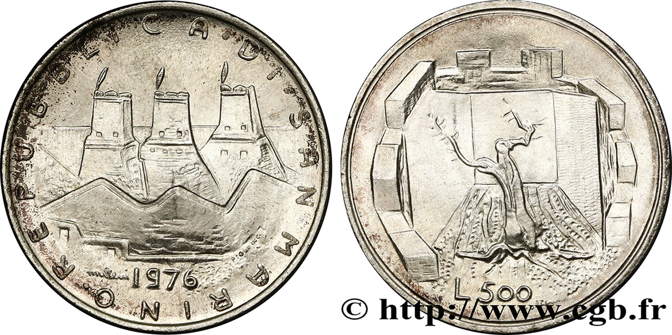 サンマリノ・500リラ銀貨☆1976年／未使用／城壁の国章とオリーブの木／ サンマリノ・500リラ銀貨☆1976年／未使用／城壁の国章とオリーブの