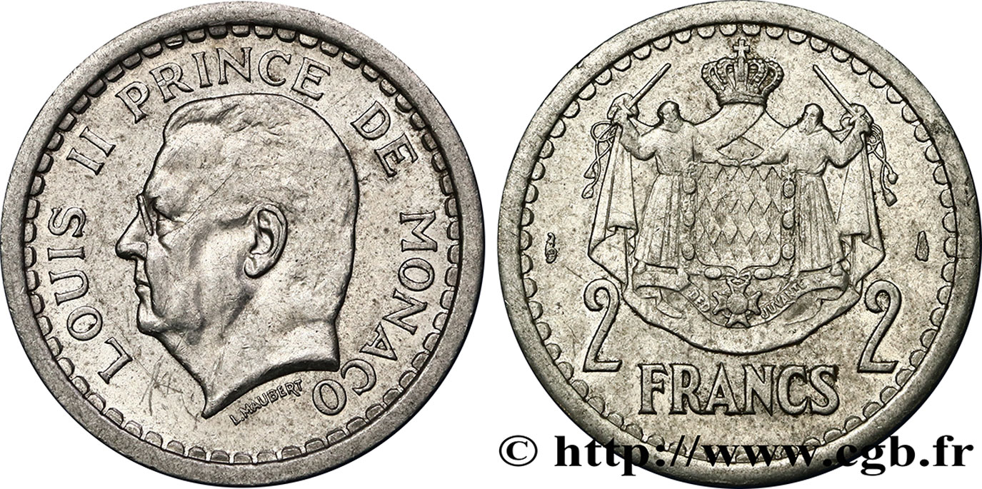 MONACO 2 Francs Louis II / armes 1943 Paris TTB+ 