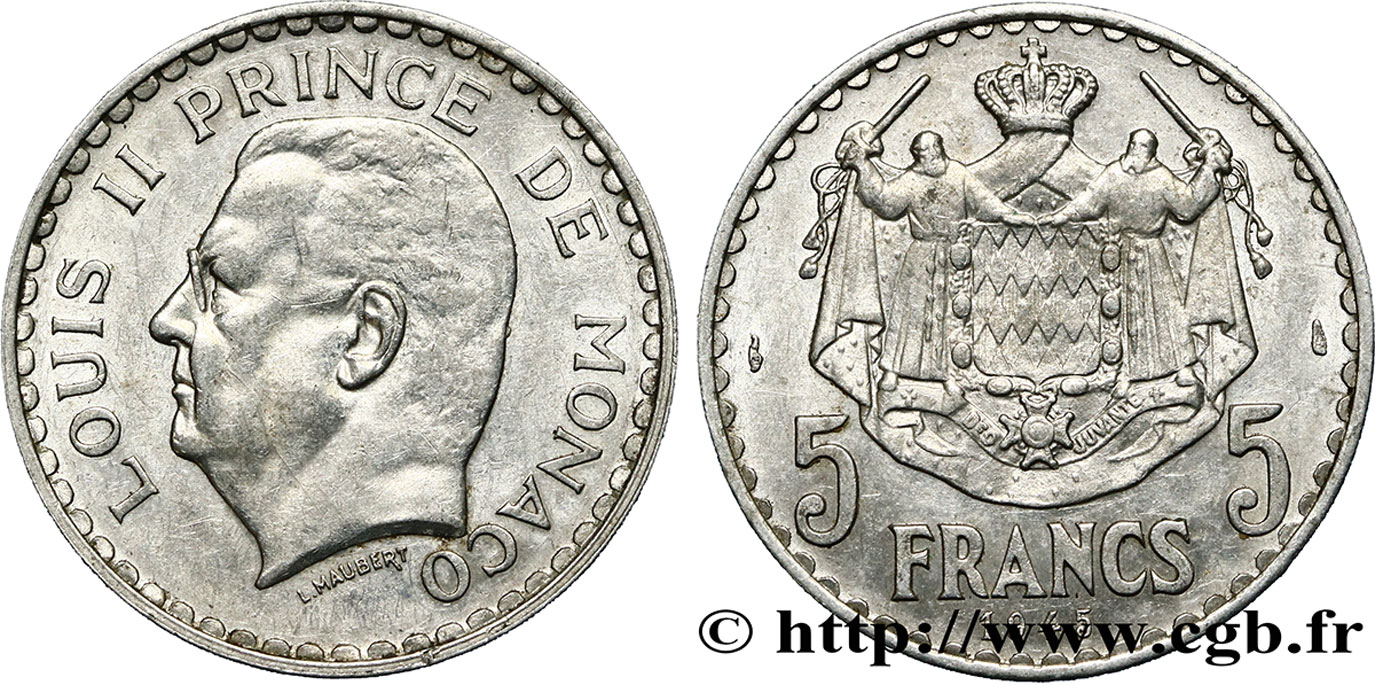 MONACO 5 Francs Louis II 1945 Paris EBC 
