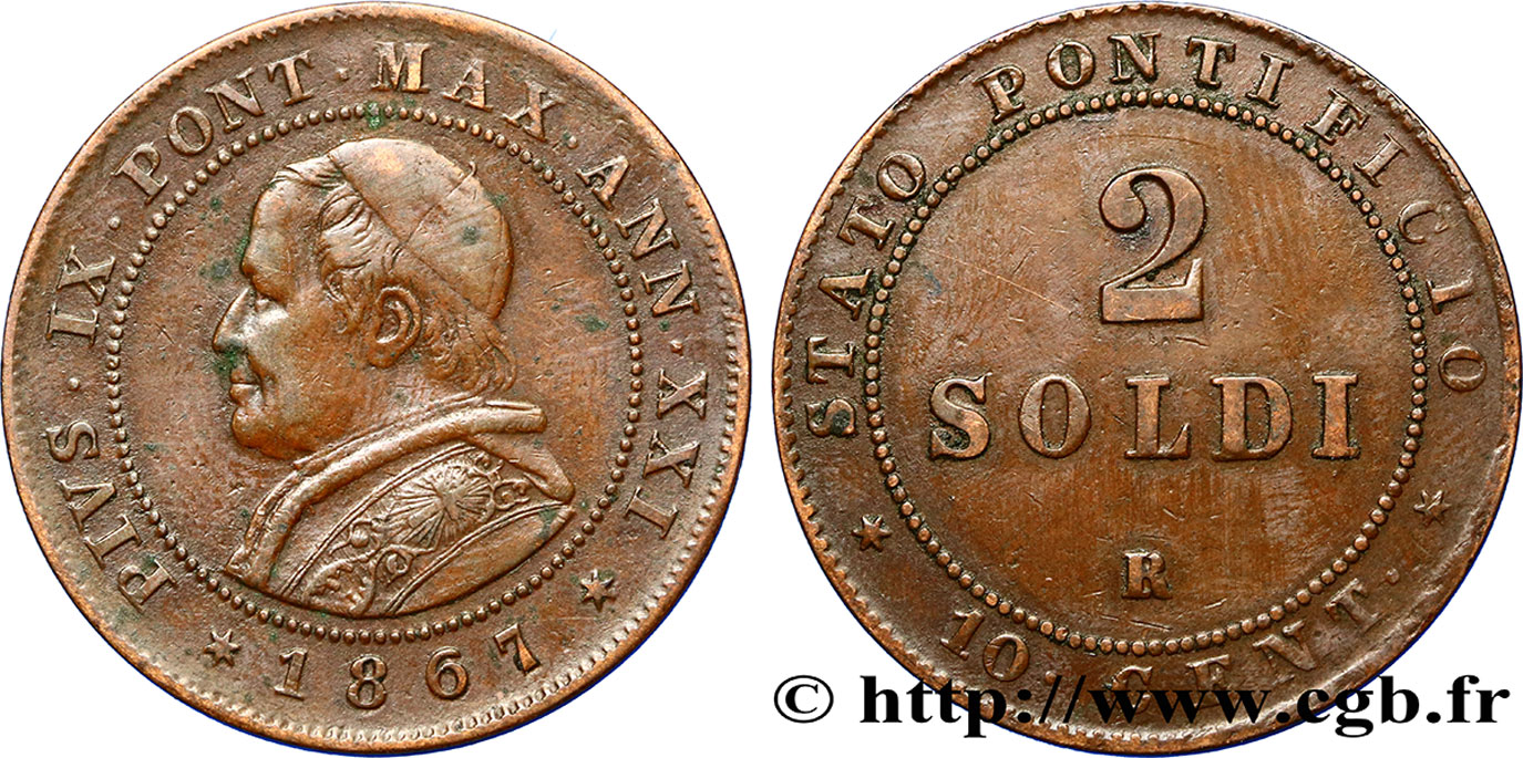 VATICAN AND PAPAL STATES 2 Soldi (10 Centesimi) Pie IX an XXI 1867 Rome XF 