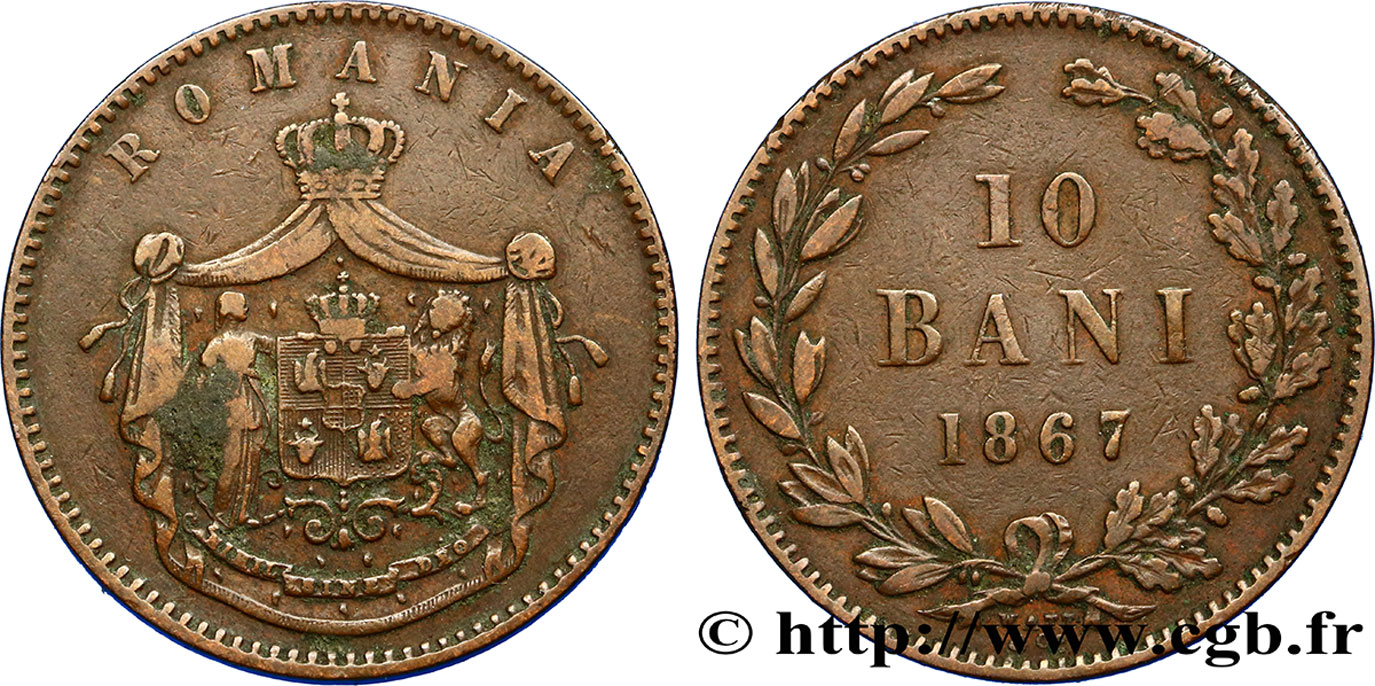 RUMANIA 10 Bani armes 1867 Watt & Co BC+ 