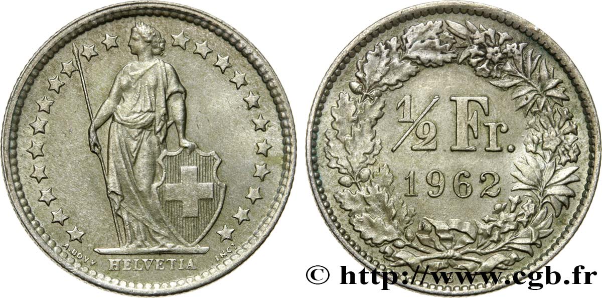 SUIZA 1/2 Franc Helvetia 1962 Berne EBC 