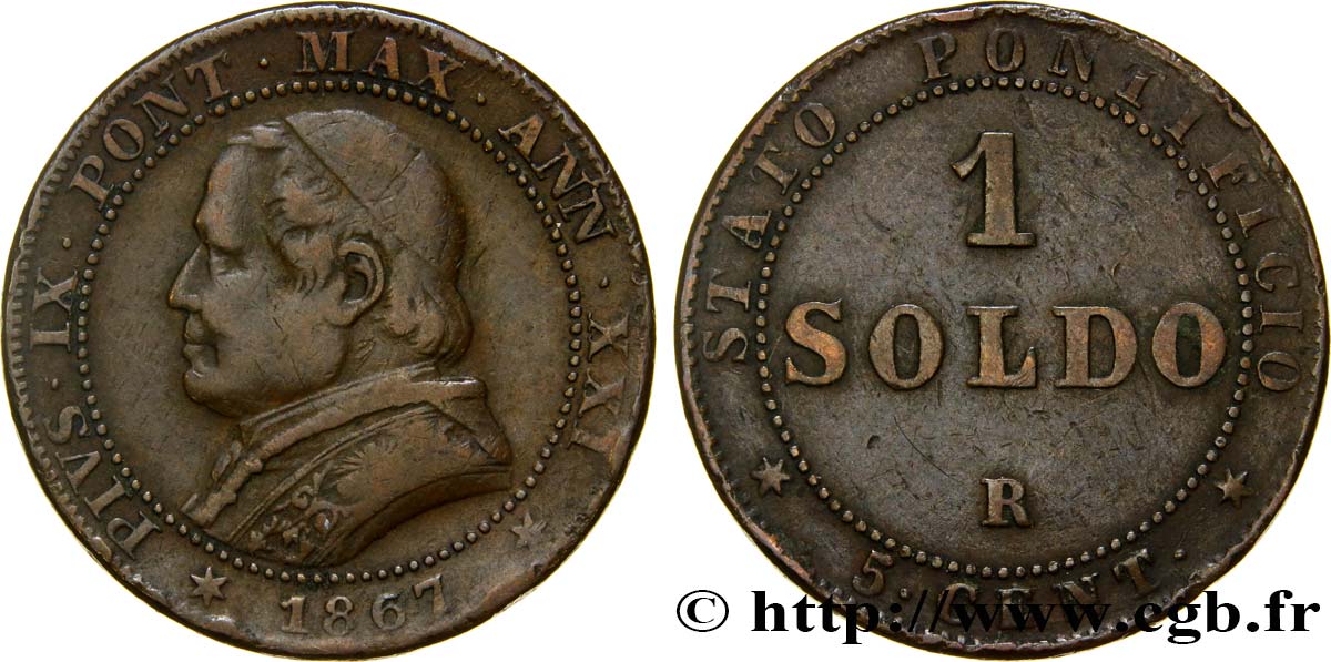 VATICAN AND PAPAL STATES 1 Soldo an XXI buste large 1867 Rome VF 