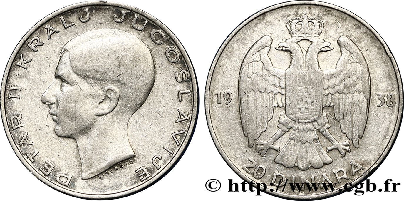YUGOSLAVIA 20 Dinara Pierre II 1938  XF 