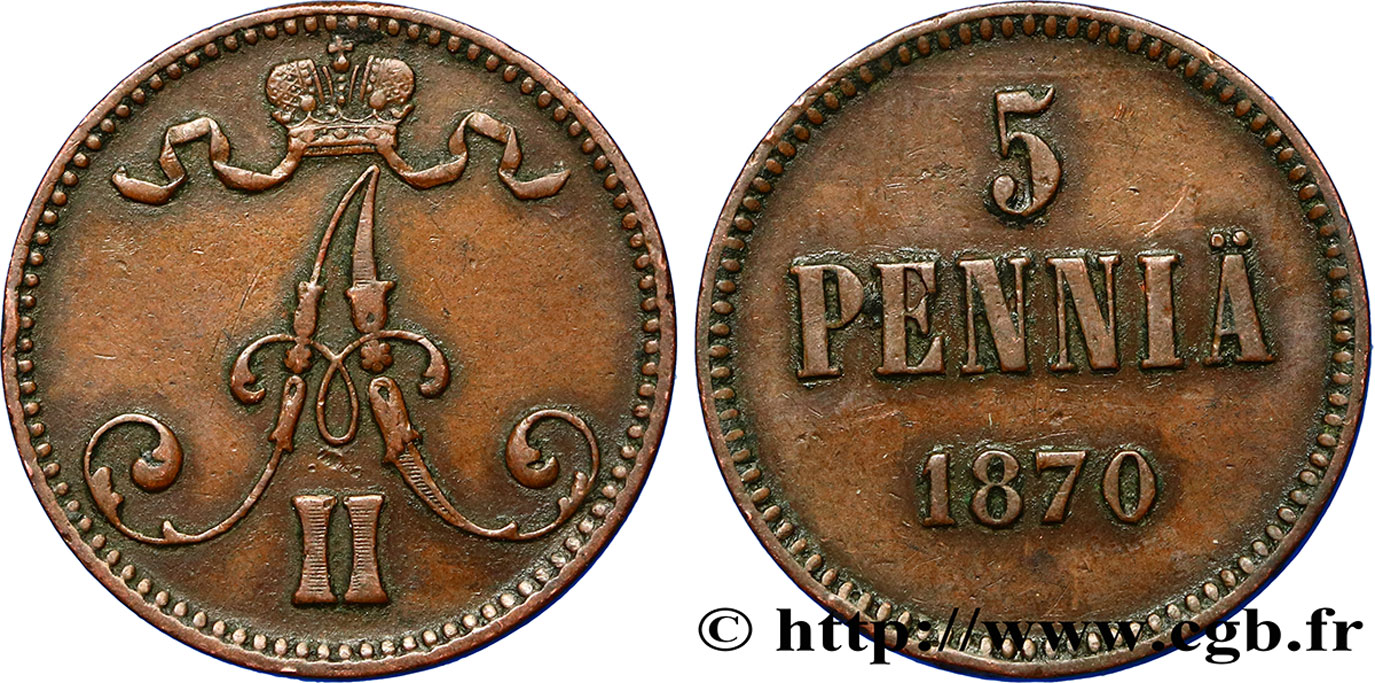 FINLANDE 5 Pennia monogramme Tsar Alexandre III 1873  SUP 