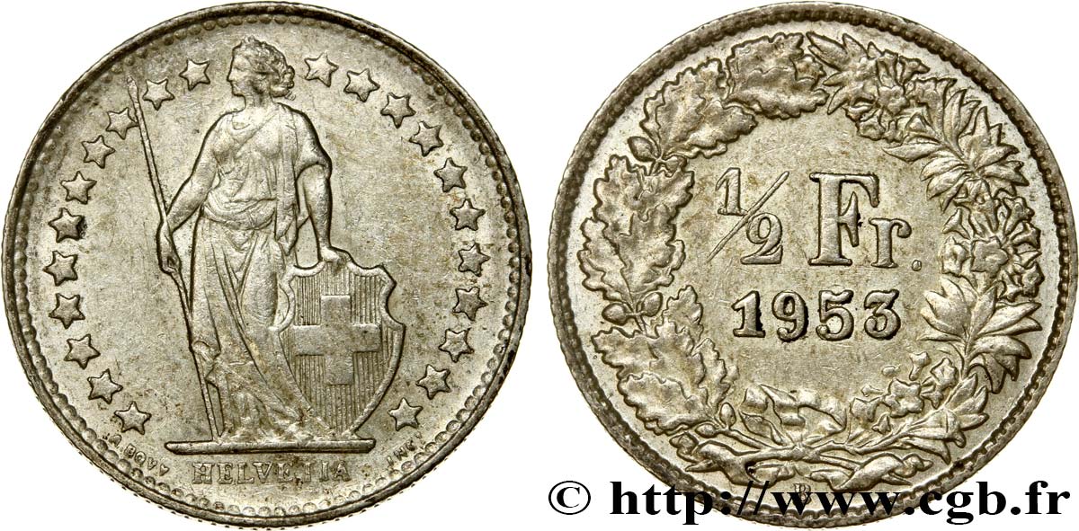 SUIZA 1/2 Franc Helvetia 1953 Berne EBC 