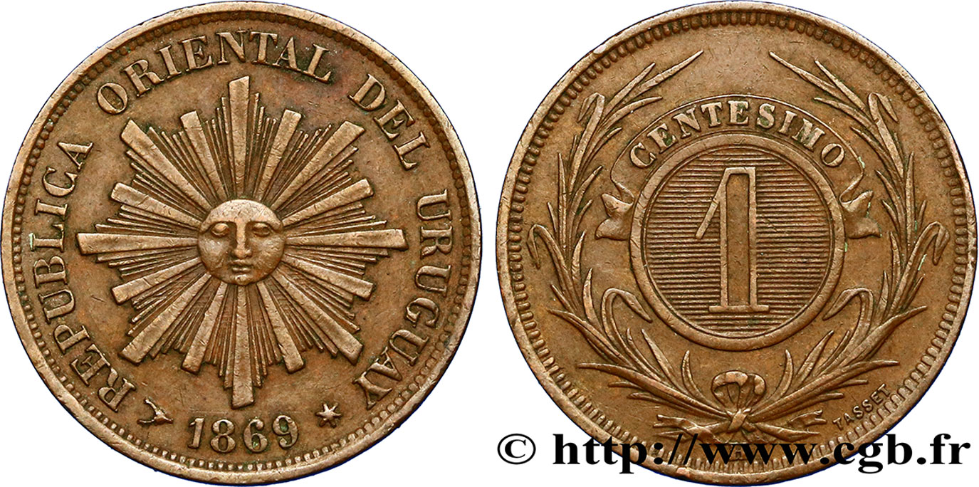 URUGUAY 1 Centesimo soleil 1869 Heaton XF 
