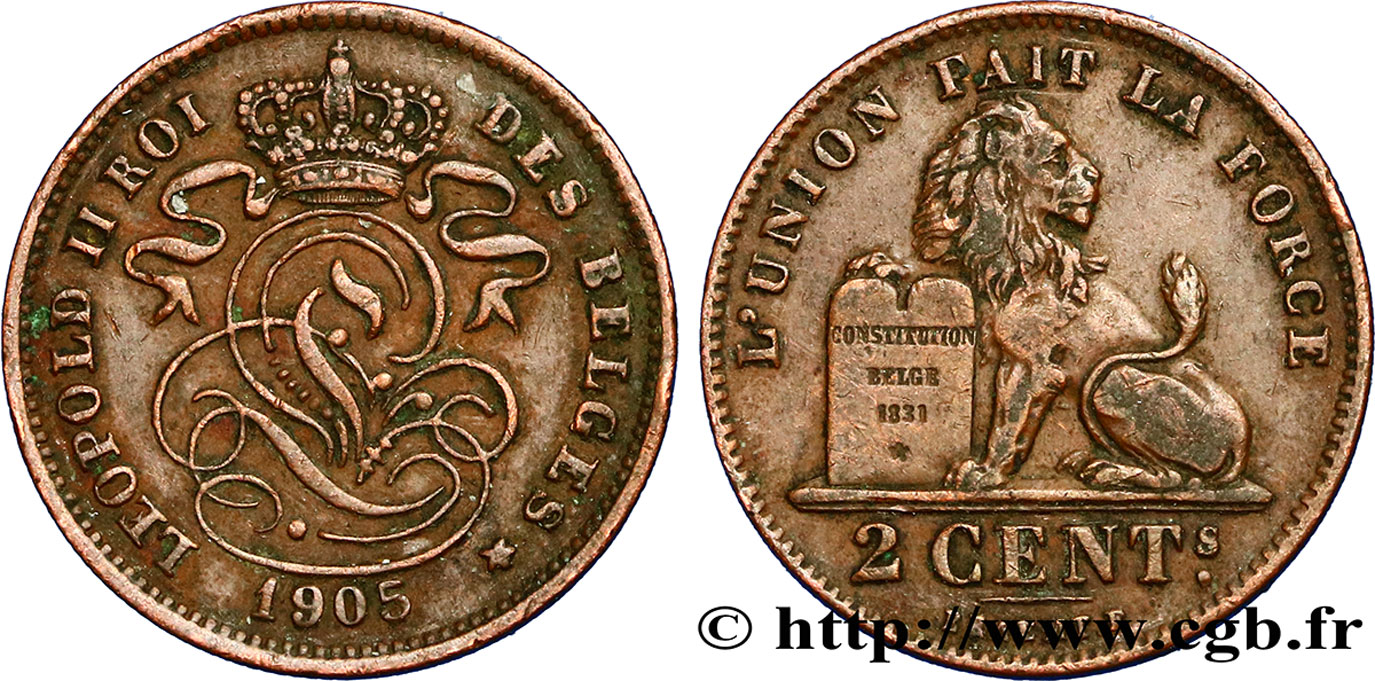 BELGIQUE 2 Centimes lion monogramme de Léopold II légende française 1905  TTB+ 
