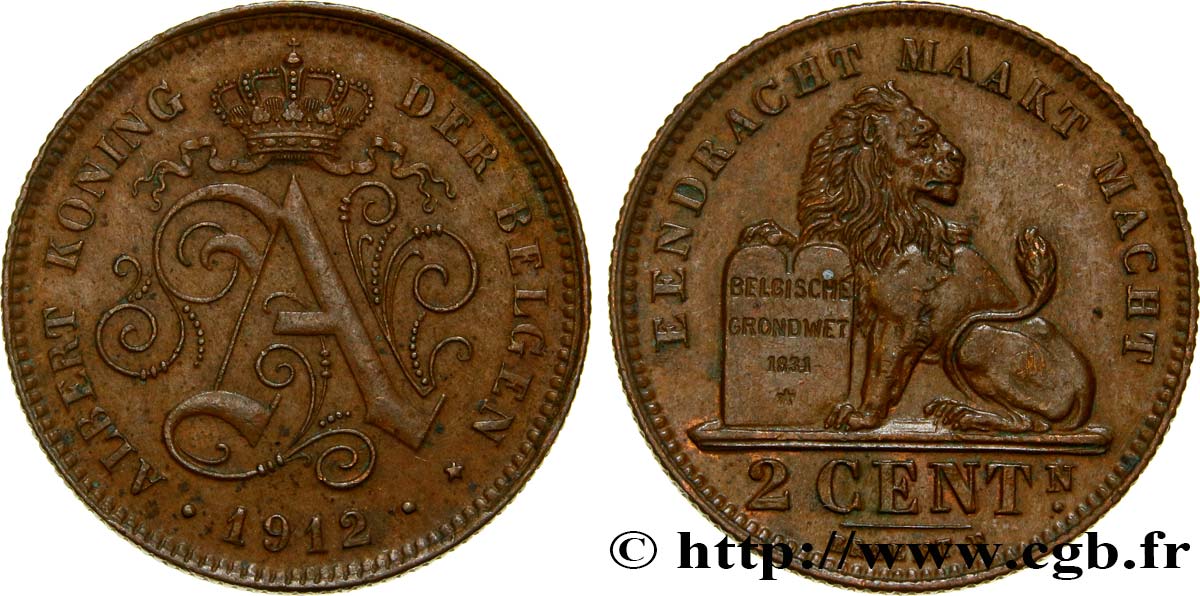 BELGIEN 2 Centimes monogramme d’Albert Ier légende française 1912  VZ 