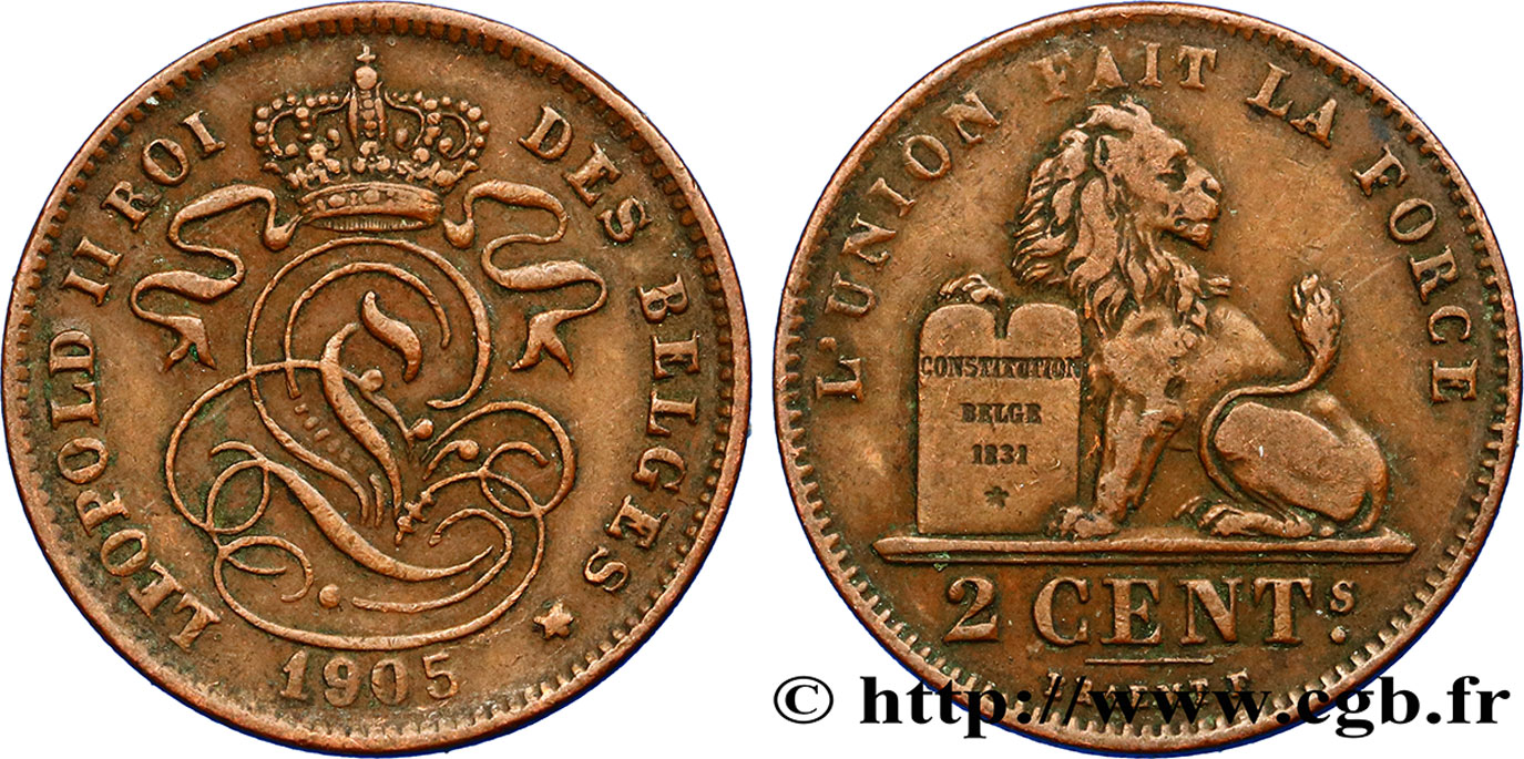 BELGIUM 2 Centimes lion monogramme de Léopold II légende française 1905  XF 