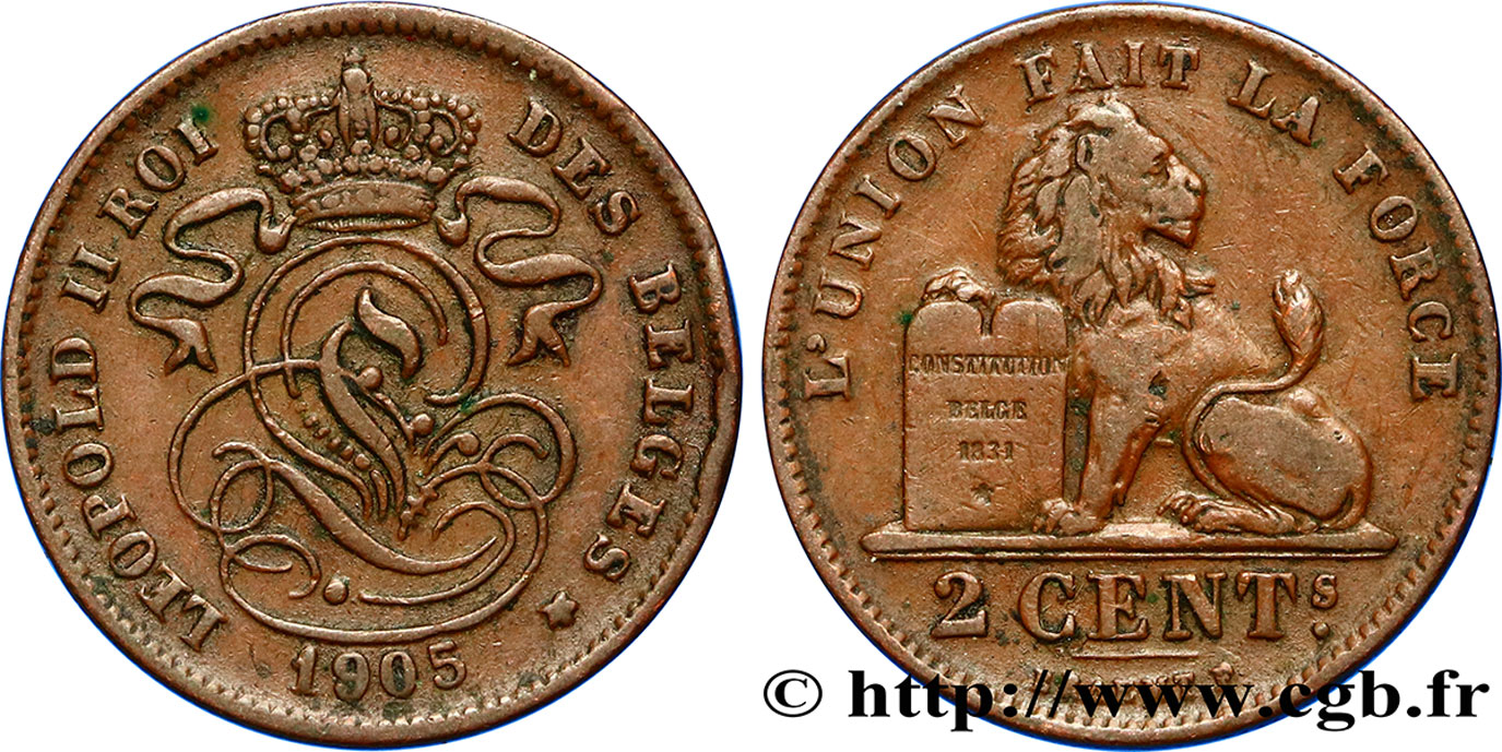 BELGIUM 2 Centimes lion monogramme de Léopold II légende française 1905  XF 