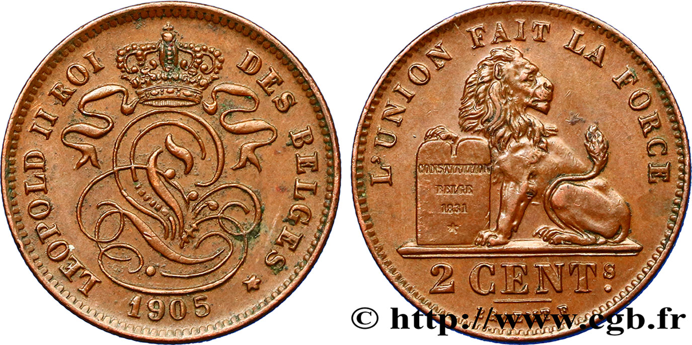 BELGIEN 2 Centimes lion monogramme de Léopold II légende française 1905  VZ 