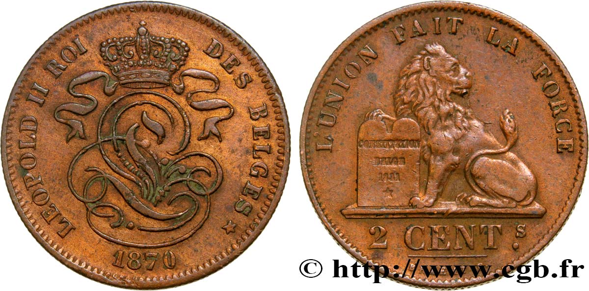 BÉLGICA 2 Centimes lion monogramme de Léopold II 1870  EBC 