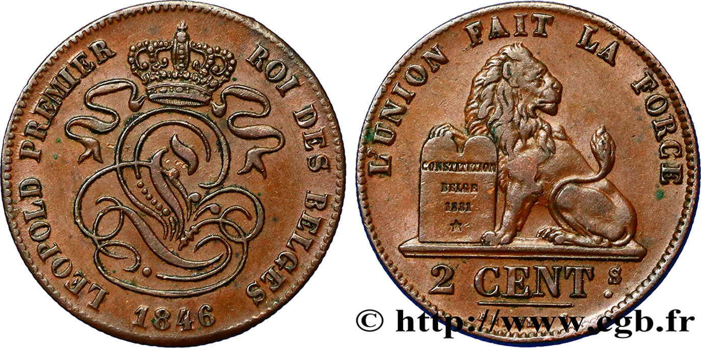 BELGIUM 2 Centimes lion monogramme de Léopold Ier 1846  AU 